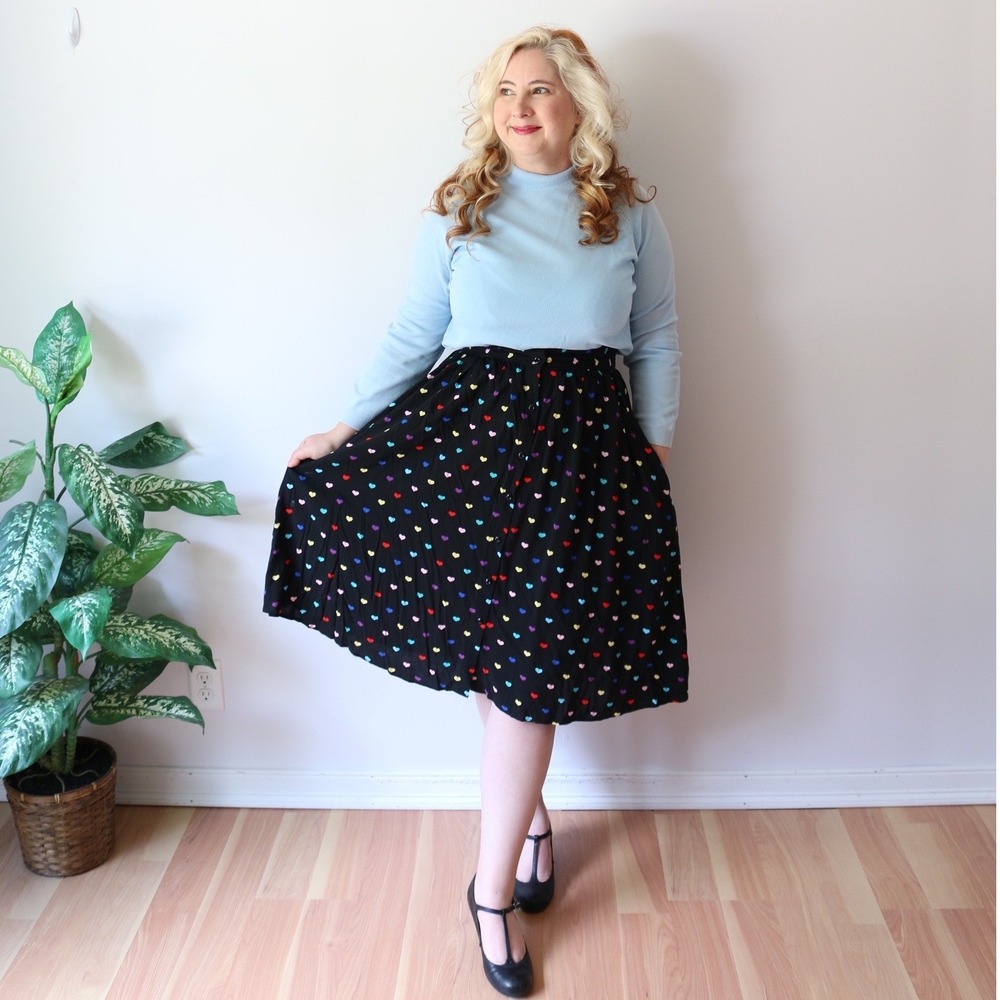 Hell Bunny Skirt Black Rainbow Heart Print Button Front Midi Novelty Modcloth - Picture 6 of 8